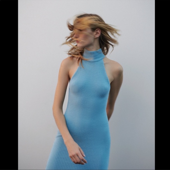Zara Blue Tube Halter Fitted Midi Dress Size XS-S - Picture 13 of 16